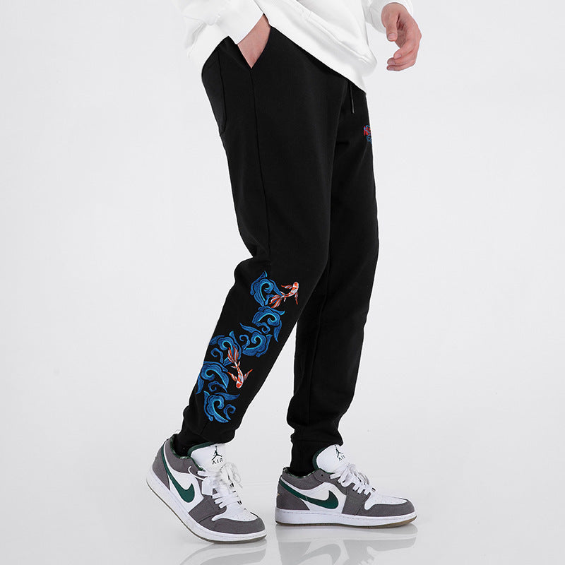 Men's Black Cotton Sweat Pants with Embroidery