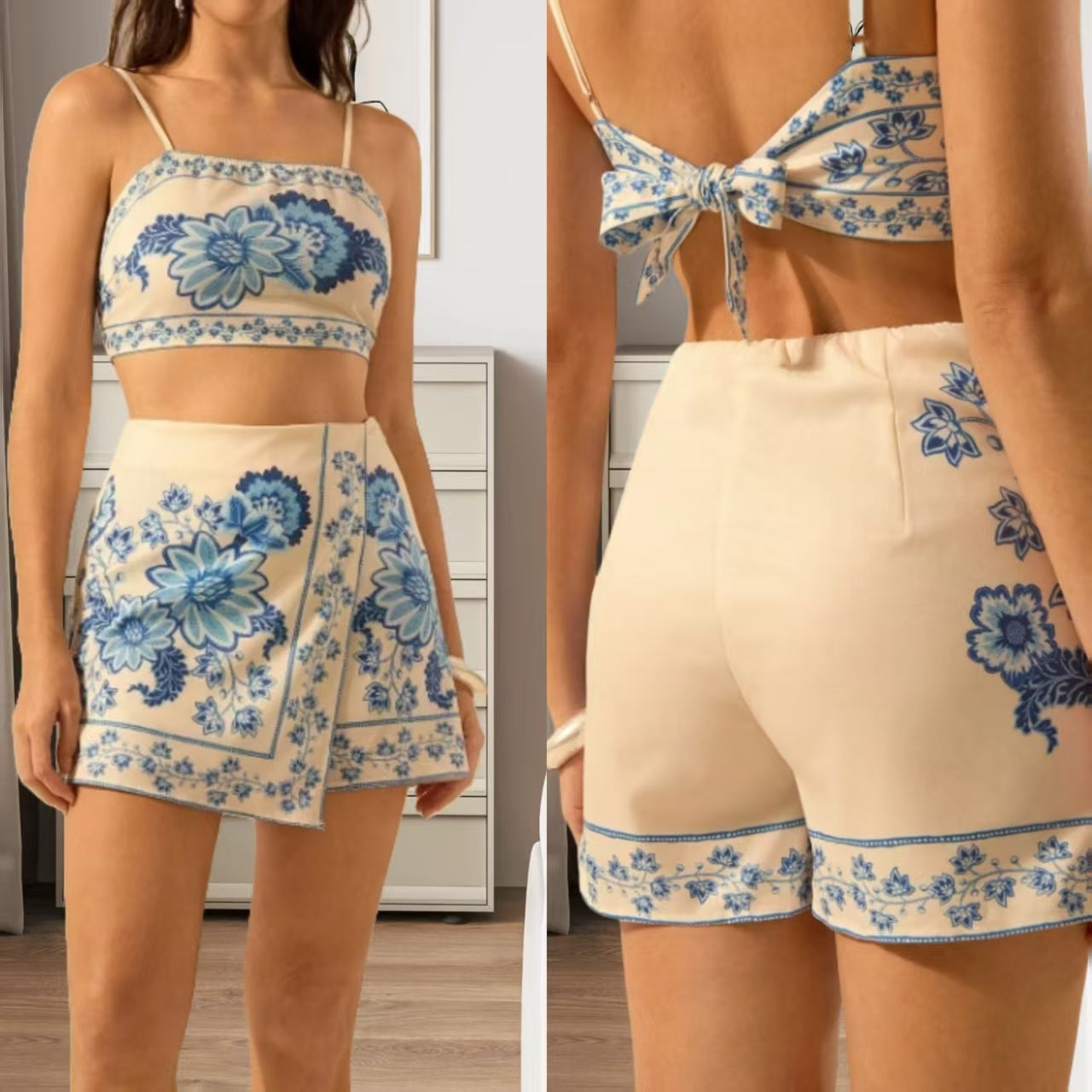Printed Spaghetti-strap Skort Two-piece Set