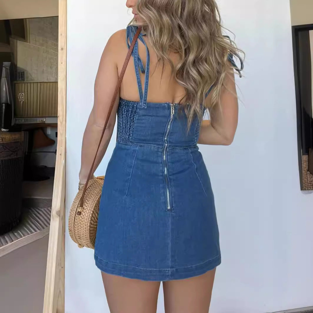 Short Suspender Split Denim Dress