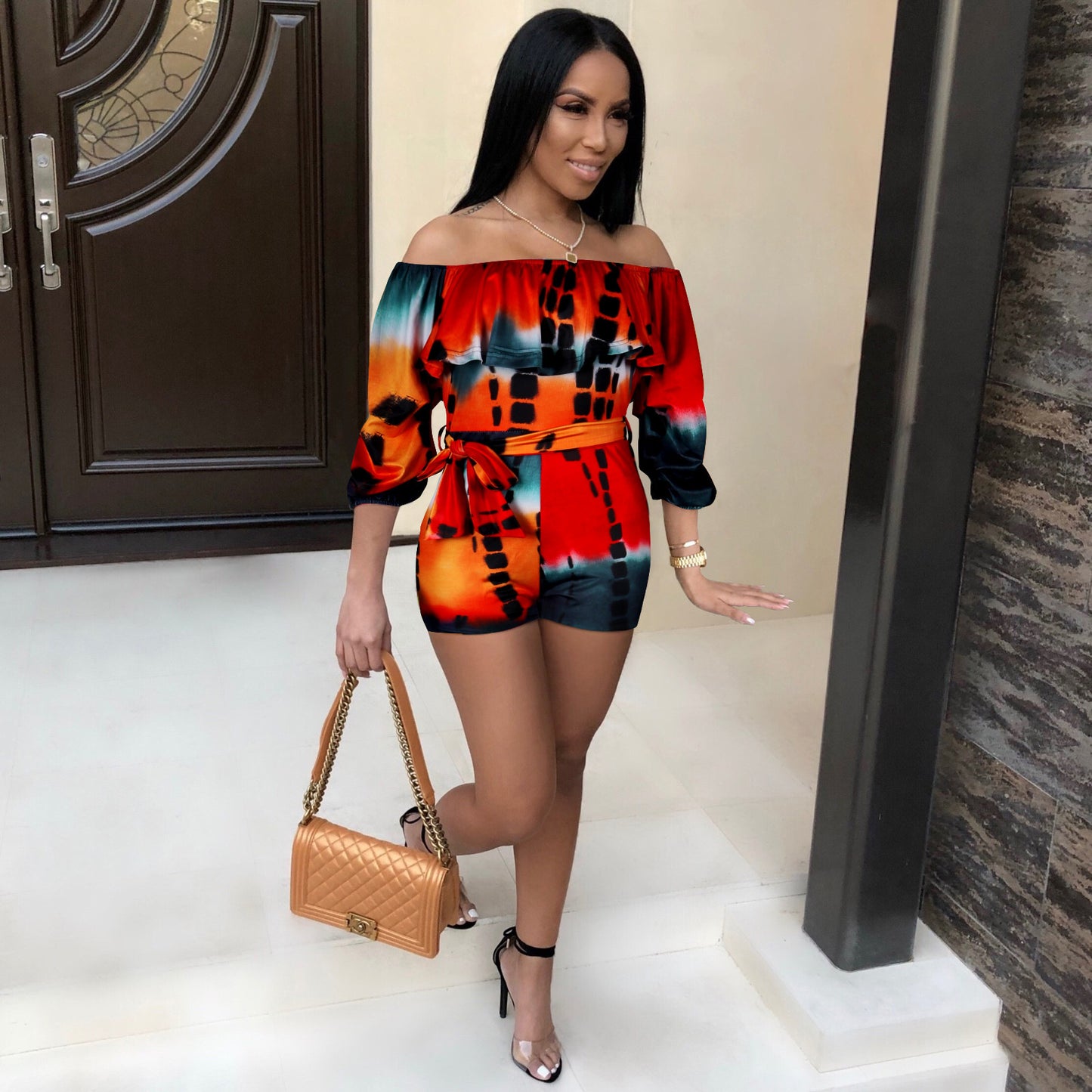 Printed Layered Sleeve Belt Jumpsuit