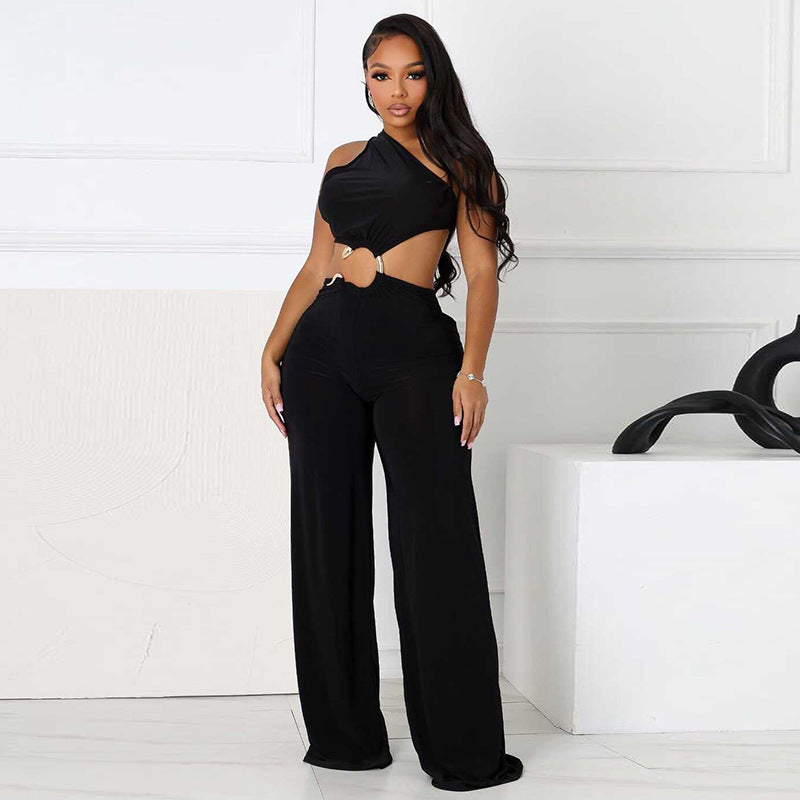 Hollow-out Diagonal Collar Jumpsuit