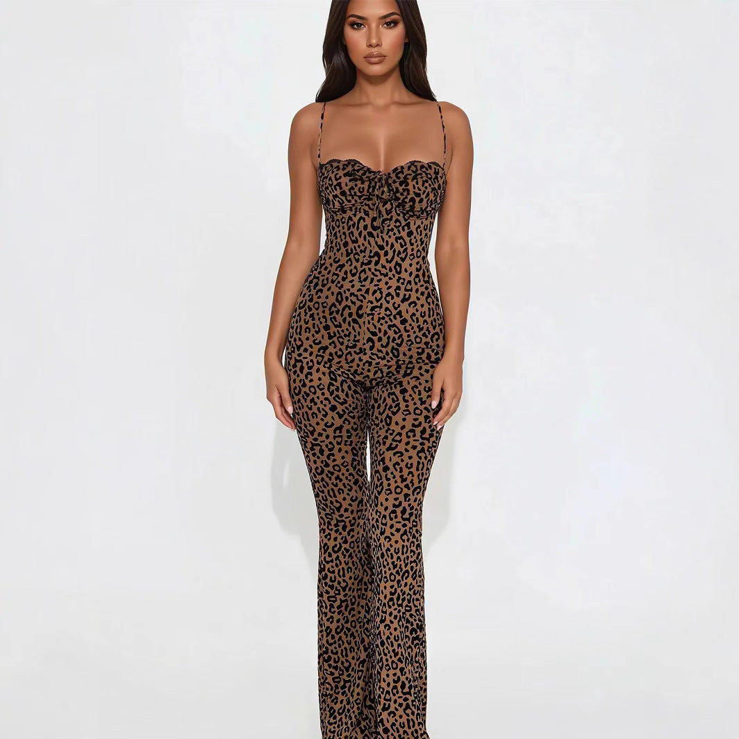 Leopard Print Spaghetti Strap Backless Jumpsuit