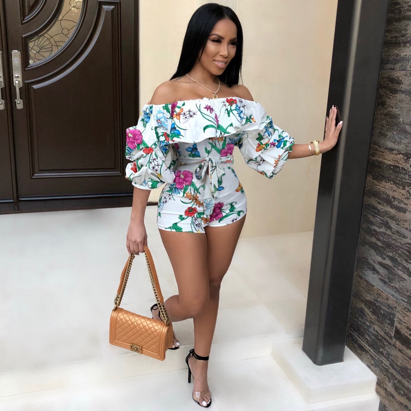 Printed Layered Sleeve Belt Jumpsuit