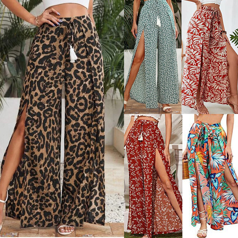 Casual Tassel Lace-up Waist Wide-leg Pants