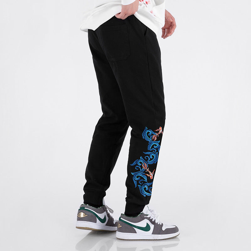 Men's Black Cotton Sweat Pants with Embroidery