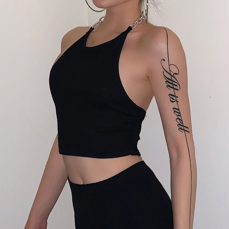 Iron Chain Open Back Hanging Neck Tank Top