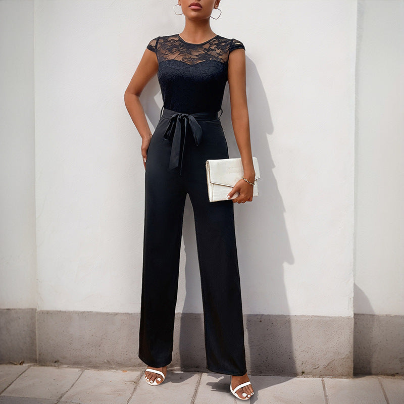 Lace Top Stitching with Belt Jumpsuit