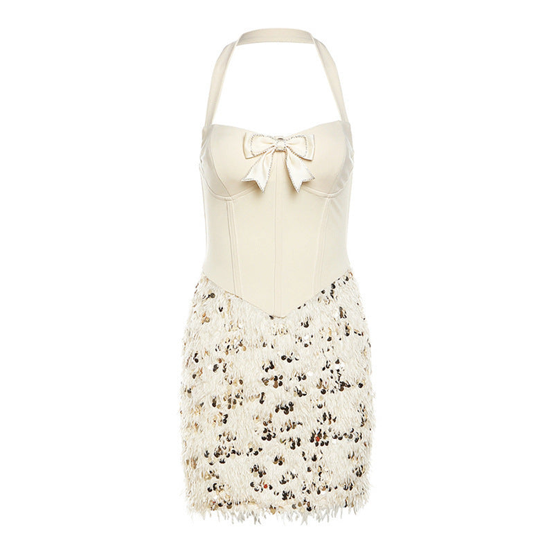 Beige Halter Dress with Sequined Frill