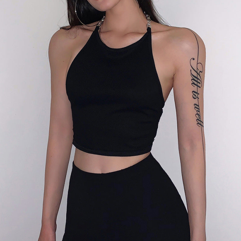 Iron Chain Open Back Hanging Neck Tank Top