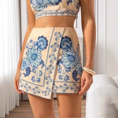 Printed Spaghetti-strap Skort Two-piece Set