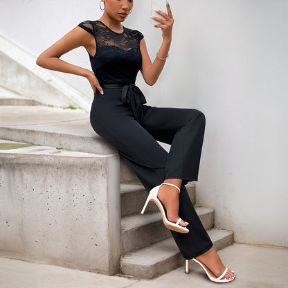 Lace Top Stitching with Belt Jumpsuit