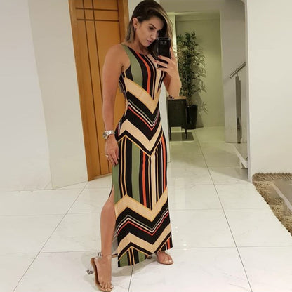 Colorful Striped Print Side Slit Maxi Dress