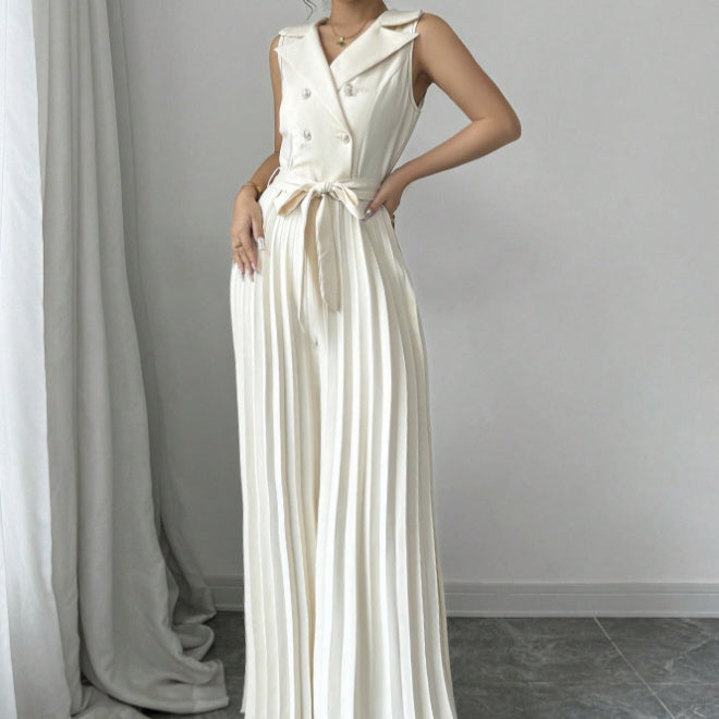V-neck Double Breasted Pleated Wide Leg Jumpsuit