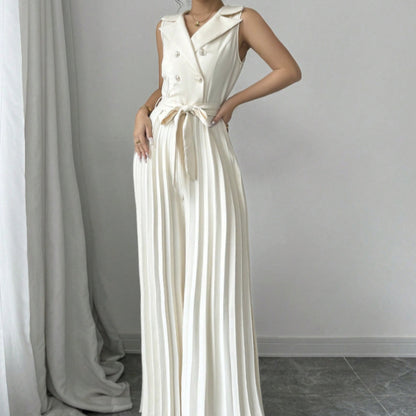V-neck Double Breasted Pleated Wide Leg Jumpsuit