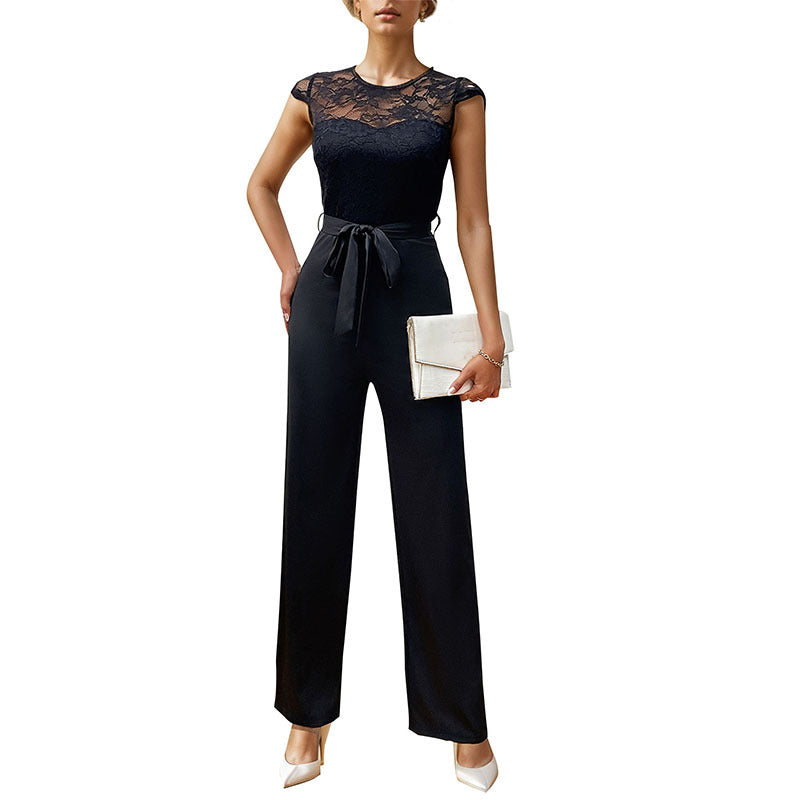 Lace Top Stitching with Belt Jumpsuit
