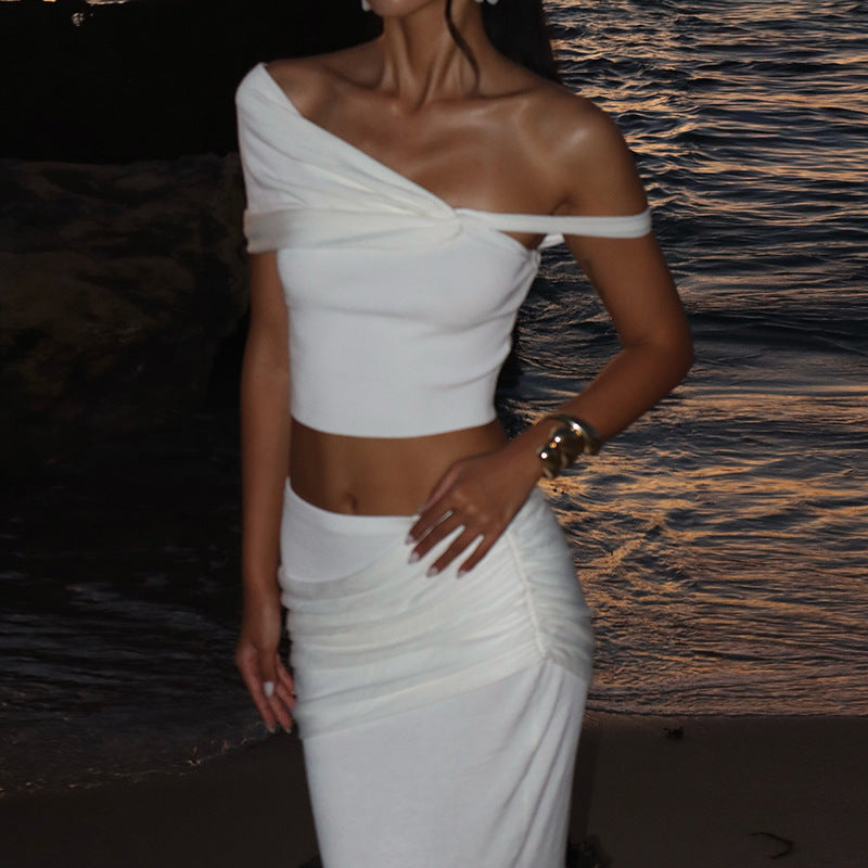 Slim-fit Oblique Shoulder Long Two Piece Set