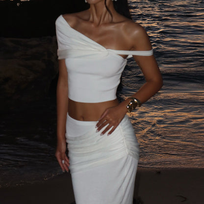 Slim-fit Oblique Shoulder Long Two Piece Set