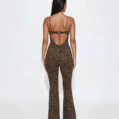 Leopard Print Spaghetti Strap Backless Jumpsuit