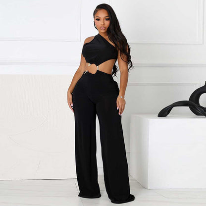 Hollow-out Diagonal Collar Jumpsuit