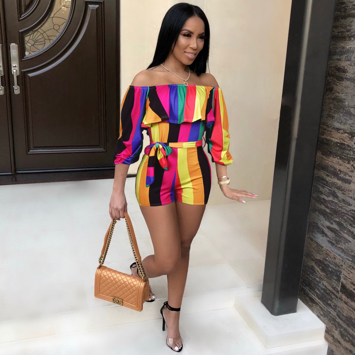 Printed Layered Sleeve Belt Jumpsuit