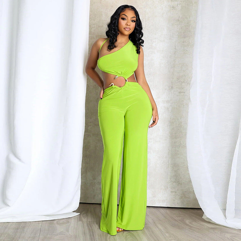 Hollow-out Diagonal Collar Jumpsuit