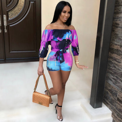 Printed Layered Sleeve Belt Jumpsuit