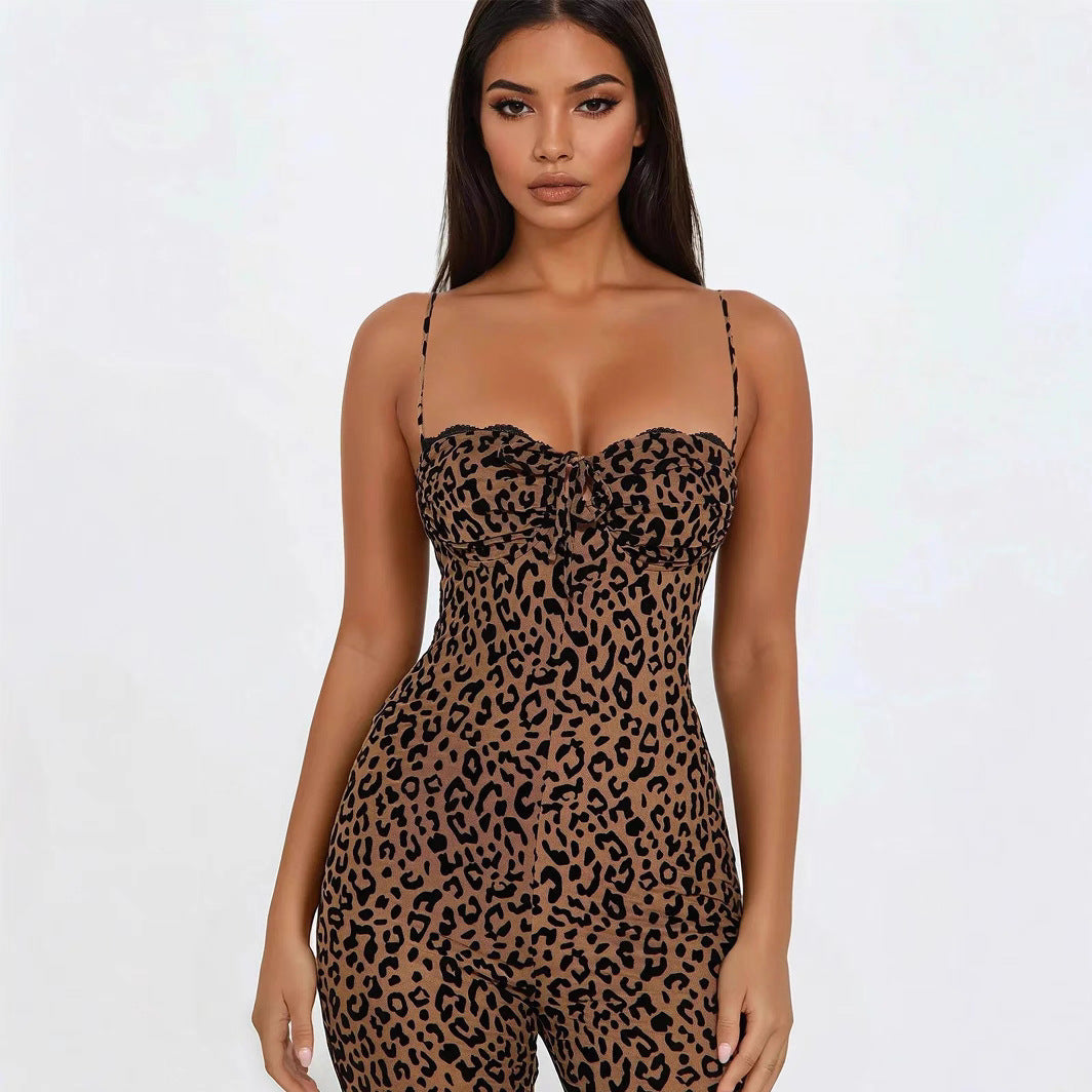 Leopard Print Spaghetti Strap Backless Jumpsuit