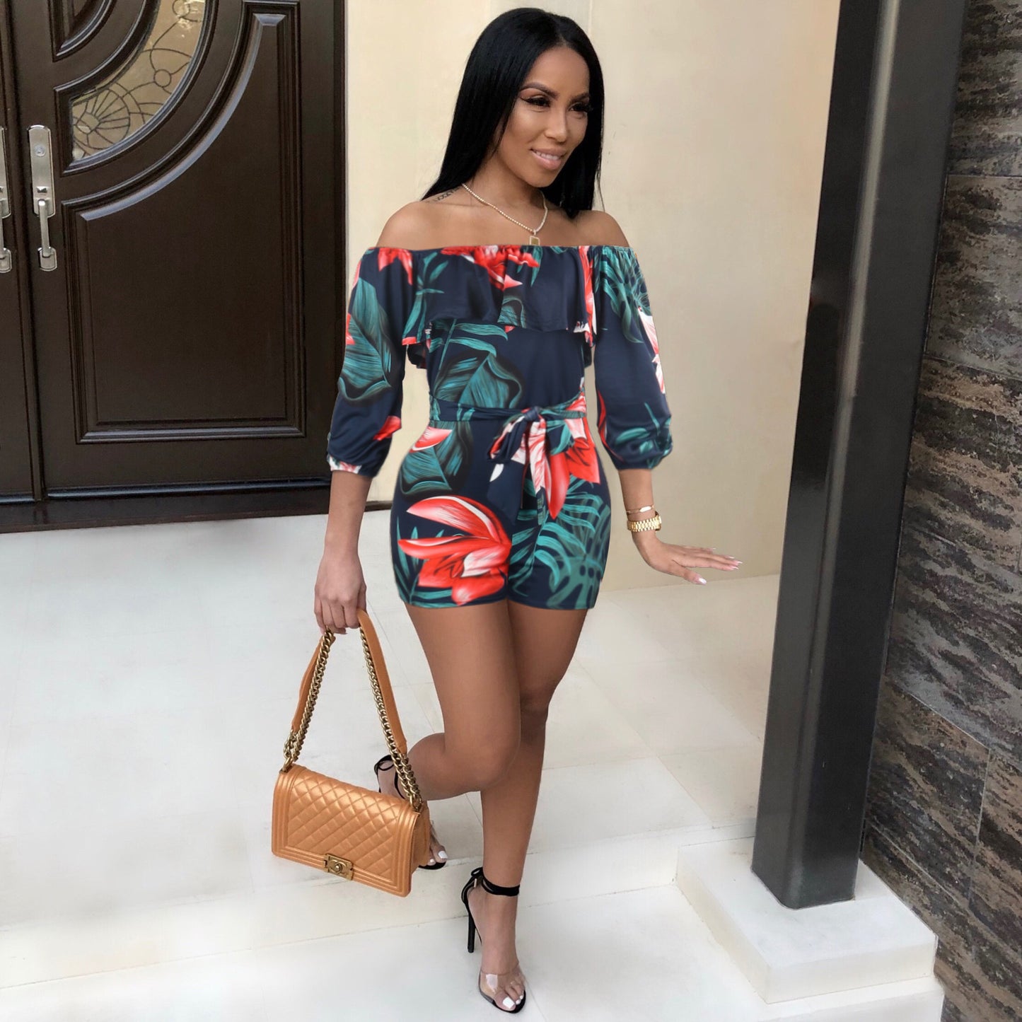 Printed Layered Sleeve Belt Jumpsuit