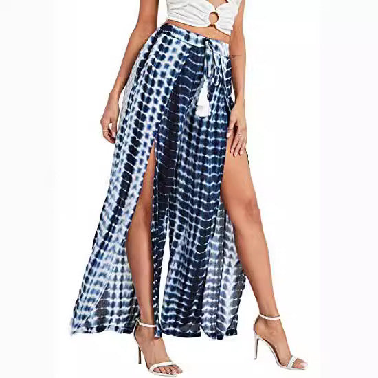 Casual Tassel Lace-up Waist Wide-leg Pants