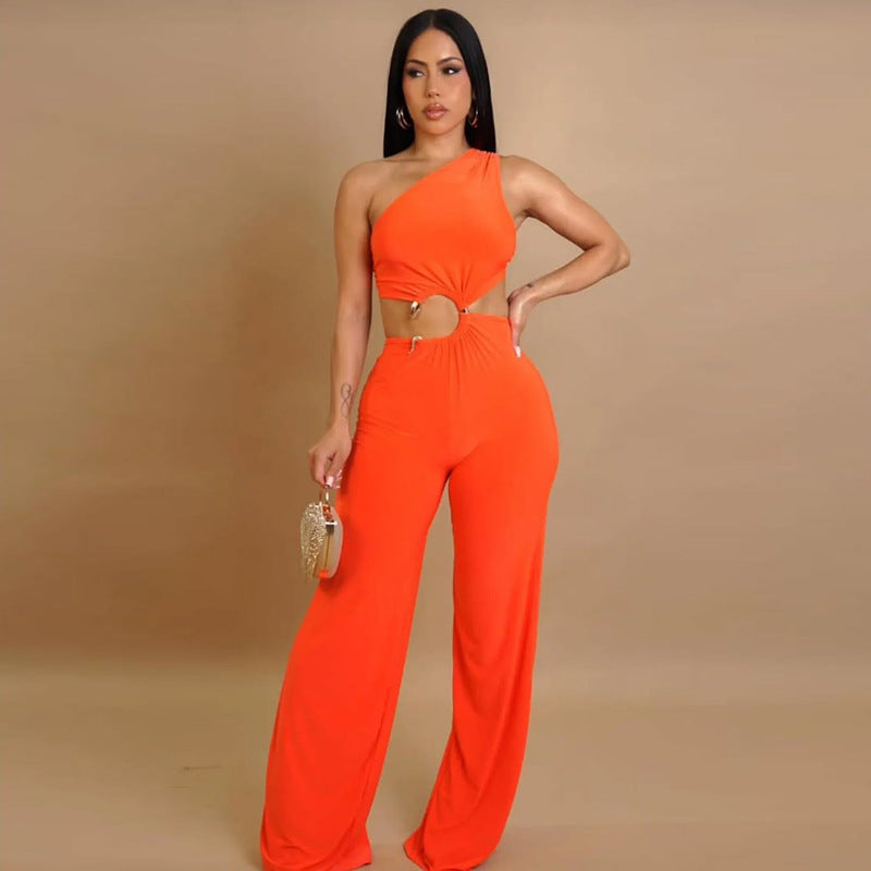 Hollow-out Diagonal Collar Jumpsuit