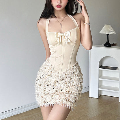 Beige Halter Dress with Sequined Frill