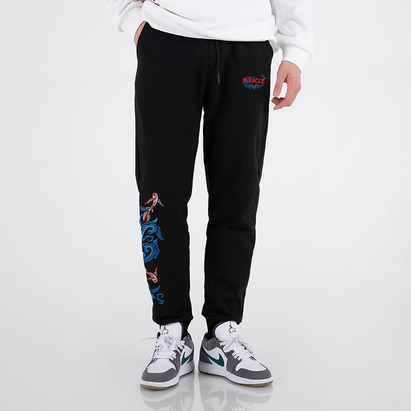 Men's Black Cotton Sweat Pants with Embroidery