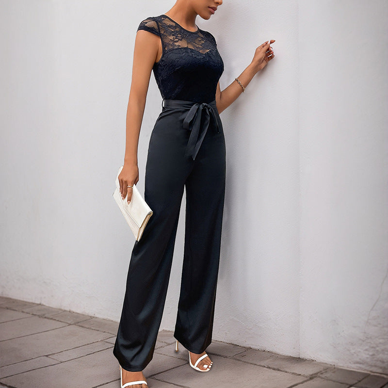 Lace Top Stitching with Belt Jumpsuit