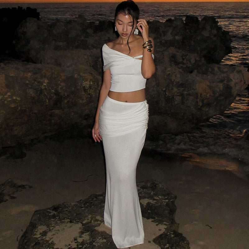 Slim-fit Oblique Shoulder Long Two Piece Set