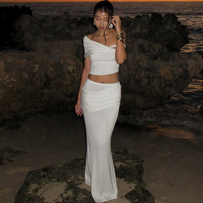 Slim-fit Oblique Shoulder Long Two Piece Set