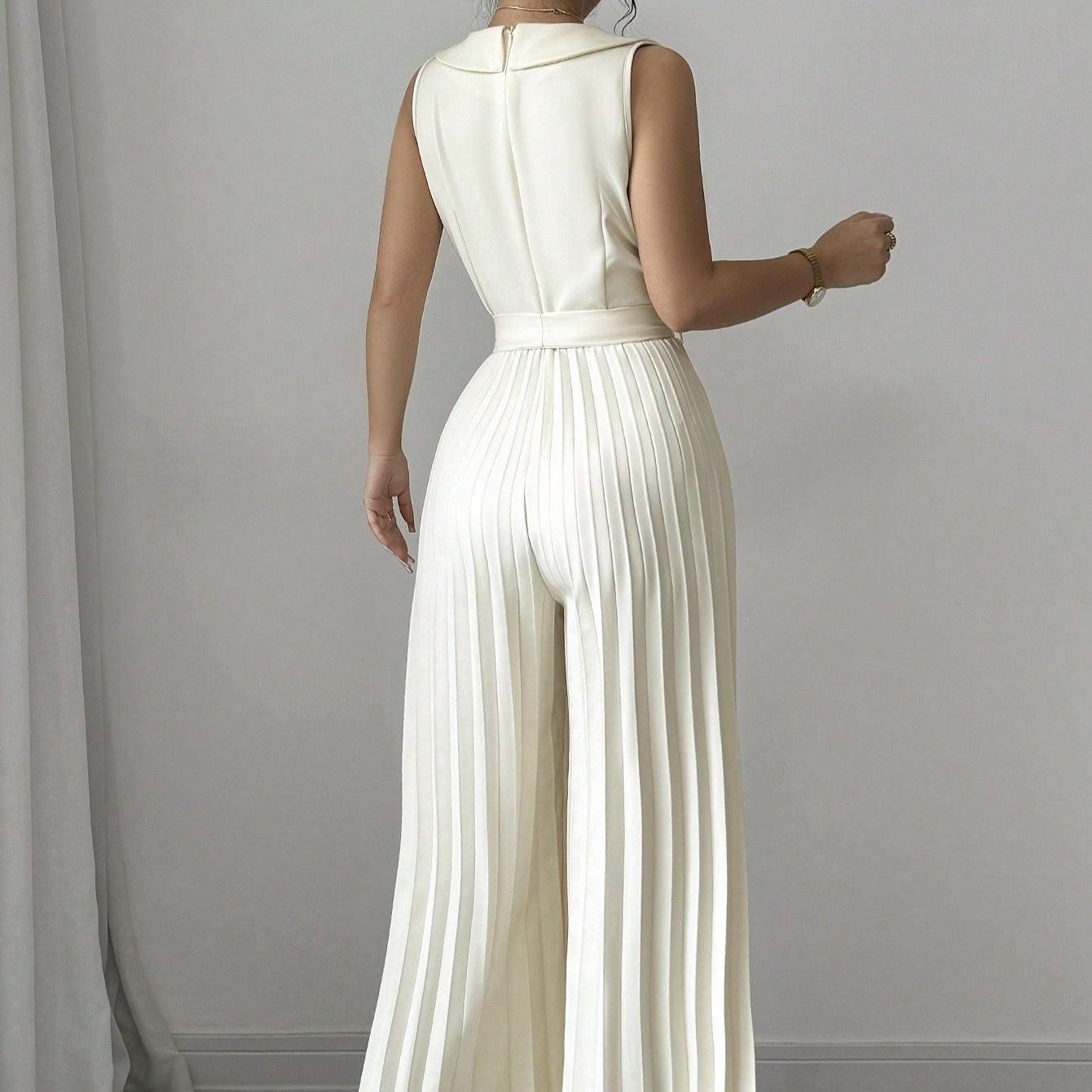 V-neck Double Breasted Pleated Wide Leg Jumpsuit