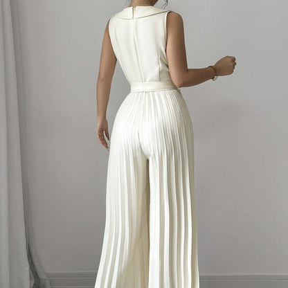 V-neck Double Breasted Pleated Wide Leg Jumpsuit