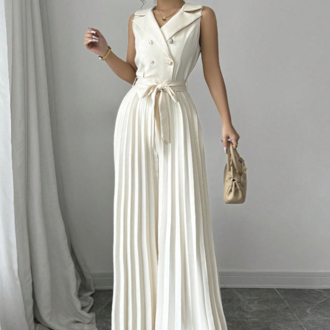V-neck Double Breasted Pleated Wide Leg Jumpsuit