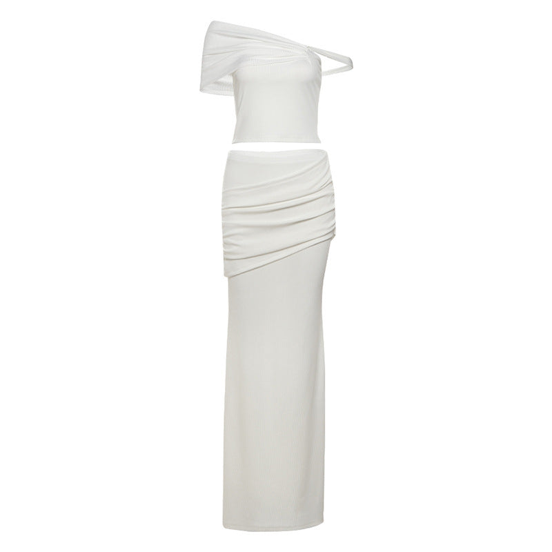 Slim-fit Oblique Shoulder Long Two Piece Set