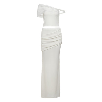 Slim-fit Oblique Shoulder Long Two Piece Set