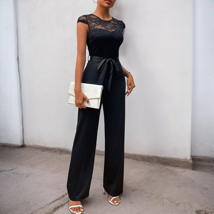 Lace Top Stitching with Belt Jumpsuit