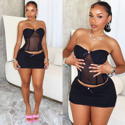 Fashionable See-through Two-piece Skirt Set