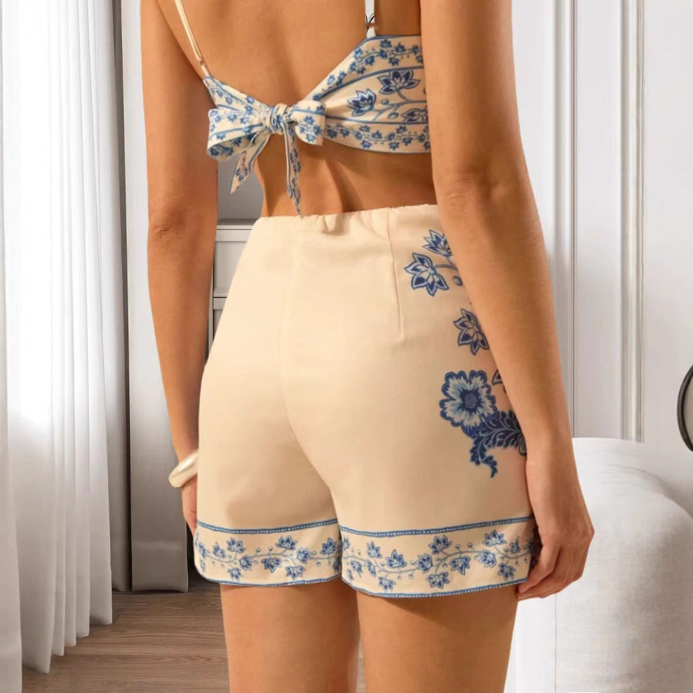 Printed Spaghetti-strap Skort Two-piece Set