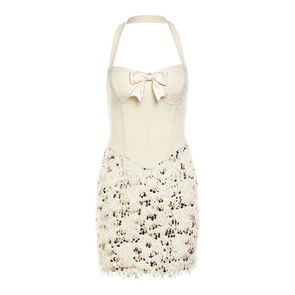 Beige Halter Dress with Sequined Frill