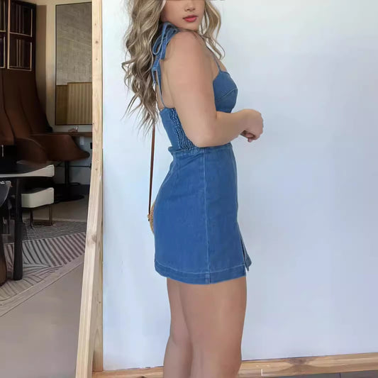 Short Suspender Split Denim Dress